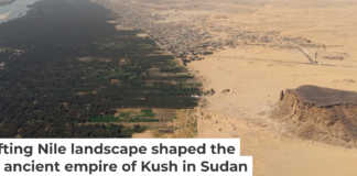 Jebel Barkal mesa and the archaeological site at its base in the Nile Valley. Sami Elamin
